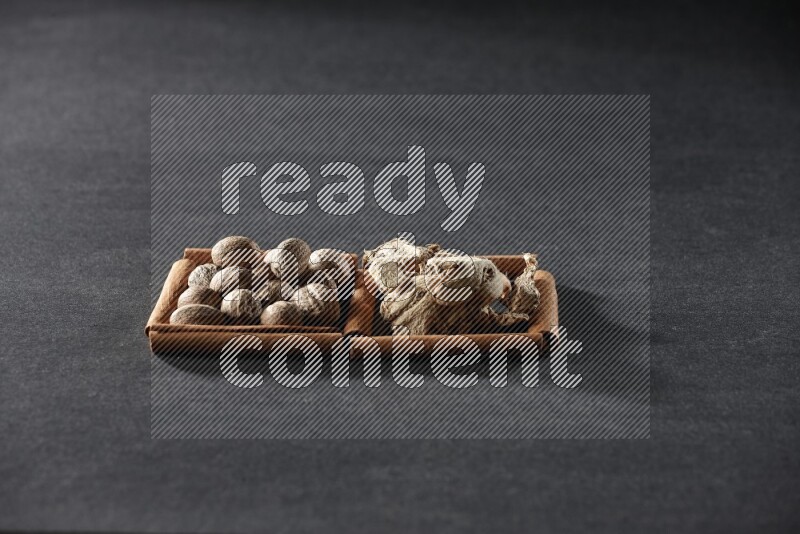 مربعان من أعواد القرفة ممتلئان بجوزة الطيب والزنجبيل المجفف علي خلفية سوداء