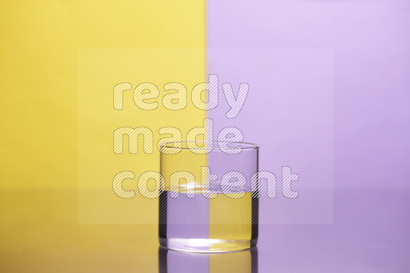 The image features a clear glassware filled with water, set against yellow and light purple background
