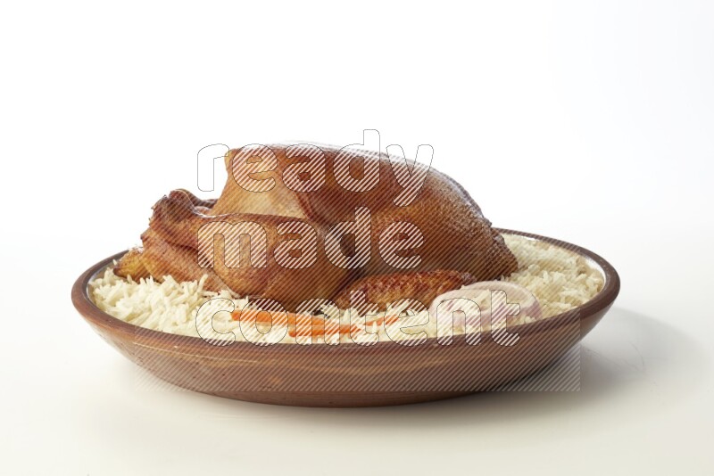 white  basmati Rice with  whole roasted chicken    on a pottery plate  direct  on white background