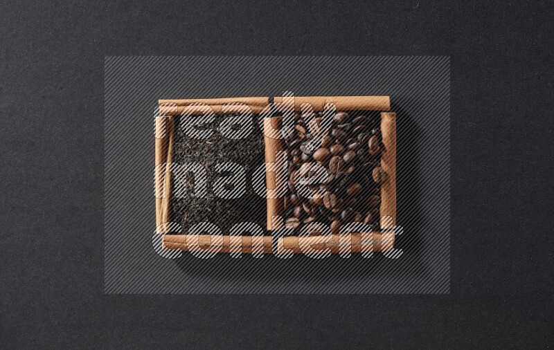 2 squares of cinnamon sticks full of coffee beans and tea on black flooring