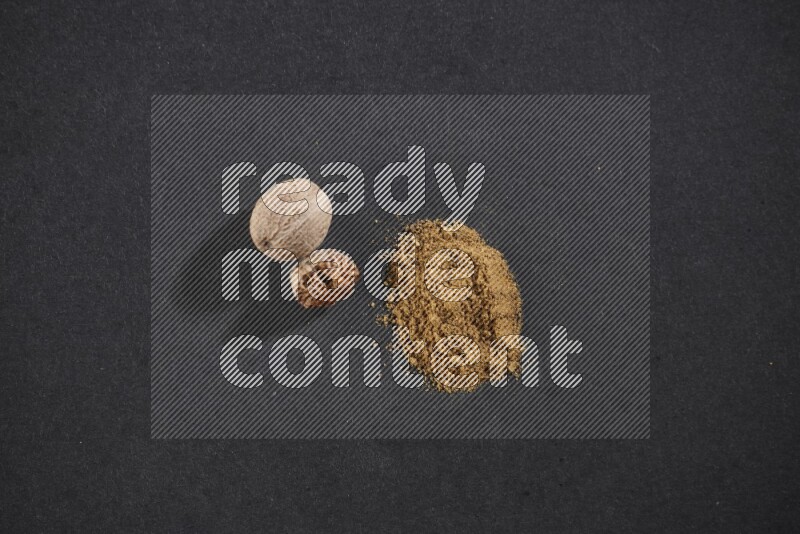 Nutmeg seeds with nutmeg powder beside it on a black flooring in different angles