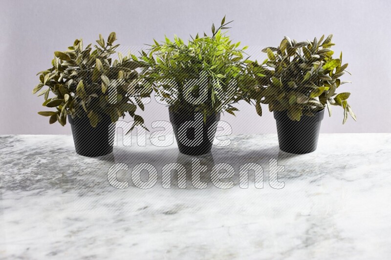 Multiple artificial plants in black pot on grey marble background