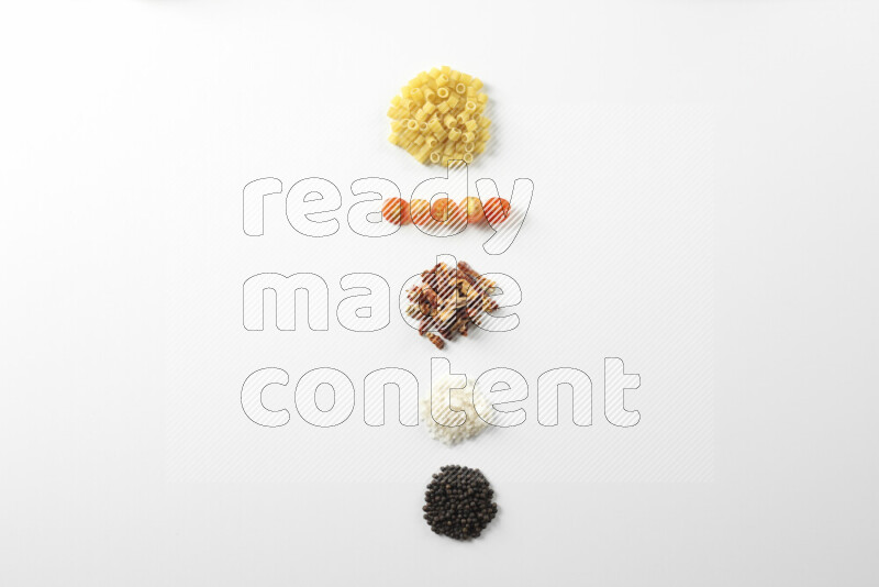 Red sauce pasta recipes ingredients on white background