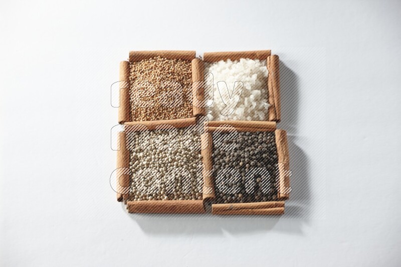 4 مربعات من أعواد القرفة ممتلئة بالخردل والملح والفلفل الأبيض والفلفل الأسود على أرضية بيضاء