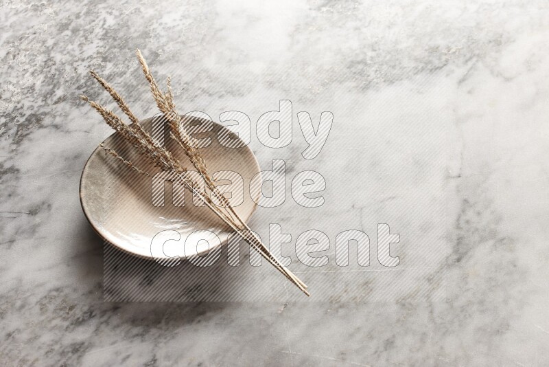 Wheat stalks on multicolored pottery plate on grey marble background