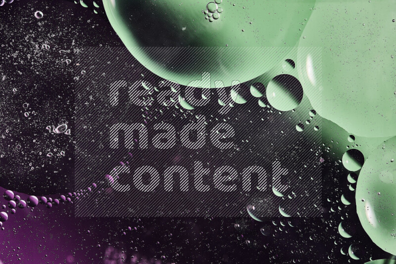 Close-ups of abstract oil bubbles on water surface in shades of green and purple