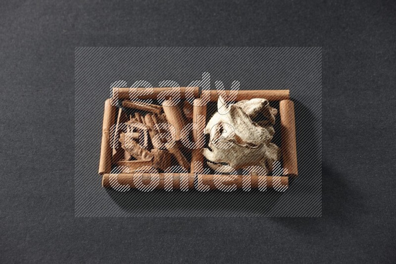 مربعان من أعواد القرفة ممتلئان بقطع من القرفة والزنجبيل المجفف علي خلفية سوداء