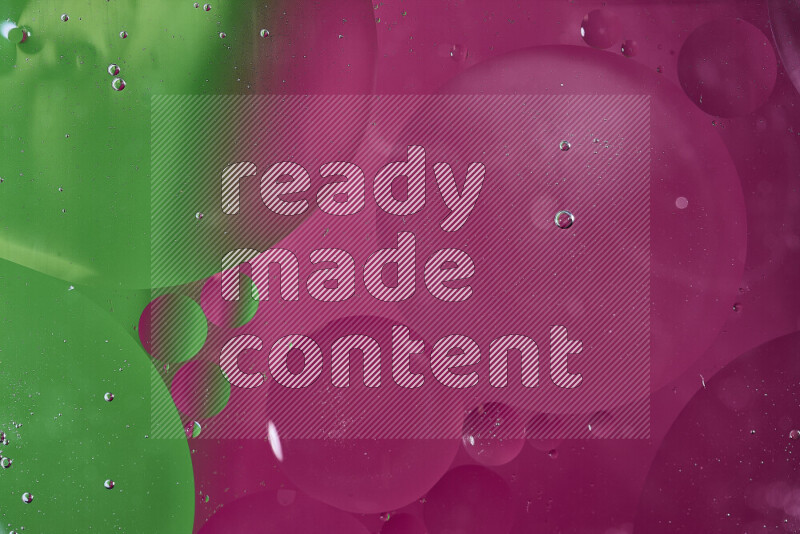 Close-ups of abstract oil bubbles on water surface in shades of green and pink