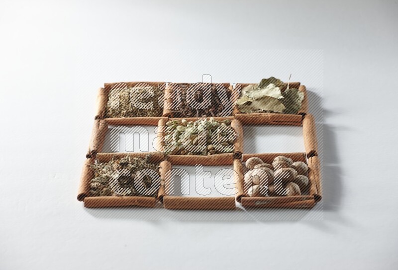 9 مربعات من أعواد القرفة ممتلئة بالهيل في المنتصف محاطة بجوزة الطيب والقرفة وأوراق الغار والقرنفل والكمون والريحان المجفف والزنجبيل المجفف واليانسون النجمي على أرضية بيضاء