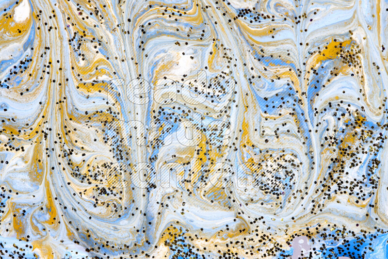 Abstract colorful background with mixed of blue, white and gold paint colors with scattered gold glitter