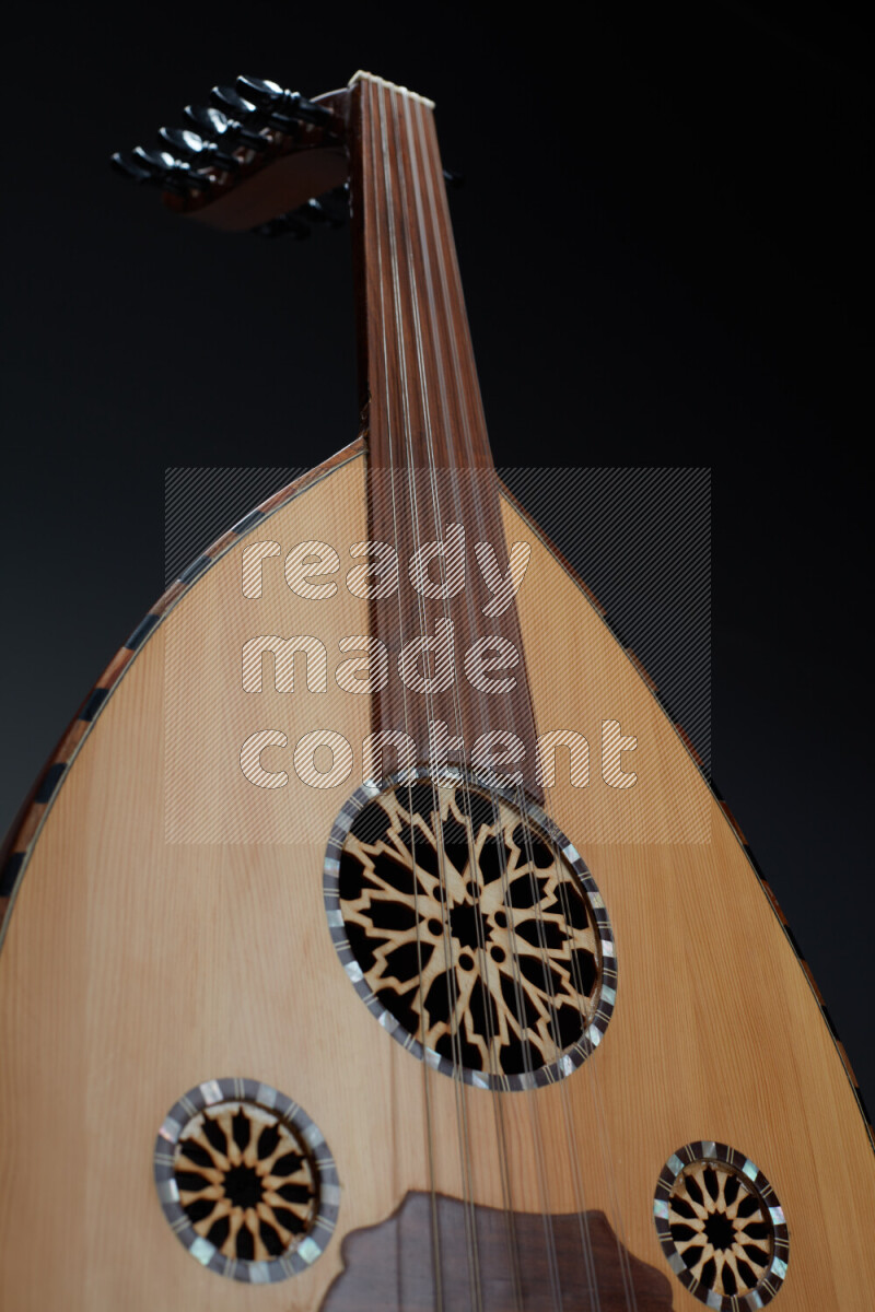 parts of a brown wooden Oud in a gray background