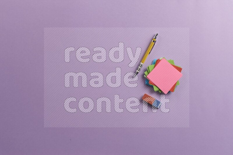 Multicolored sticky notes with school supplies on purple background