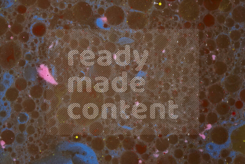 The image depicts a marbling effect with swirling patterns of pink, blue and brown