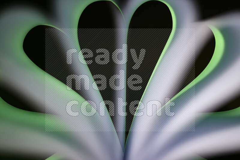 An abstract art piece displaying smooth curves in green and white gradients created by colored light