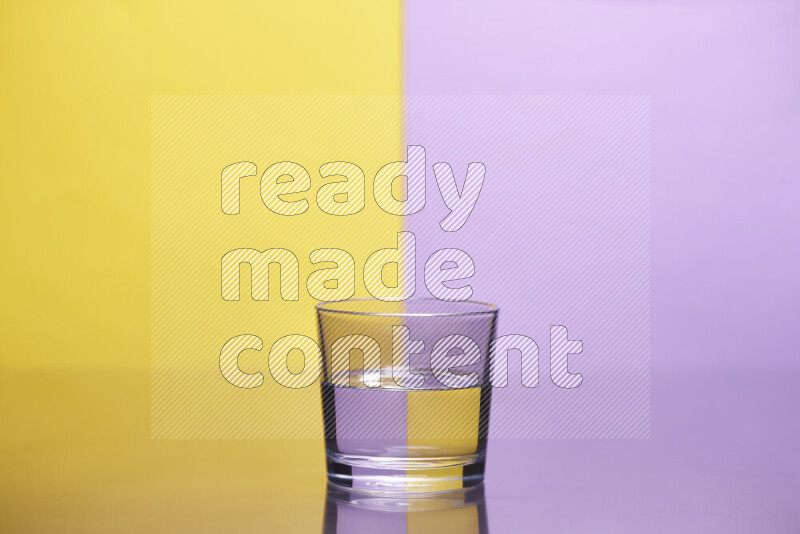 The image features a clear glassware filled with water, set against yellow and light purple background