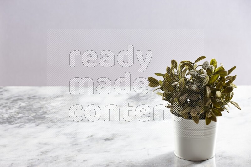 Green artificial plant in white pot on light grey marble background