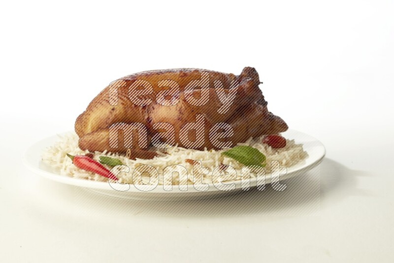 white  basmati Rice with  whole roasted chicken  on a white rounded plate direct on white background