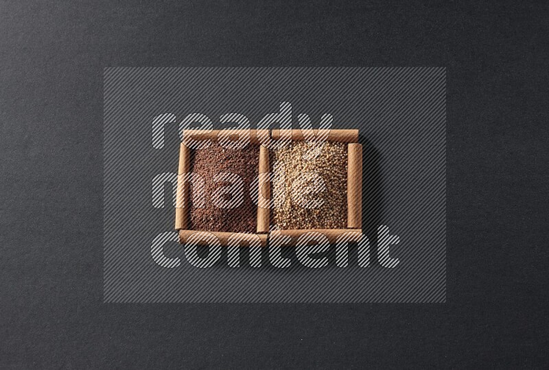 2 squares of cinnamon sticks full of mustard seeds and garden cress on black flooring