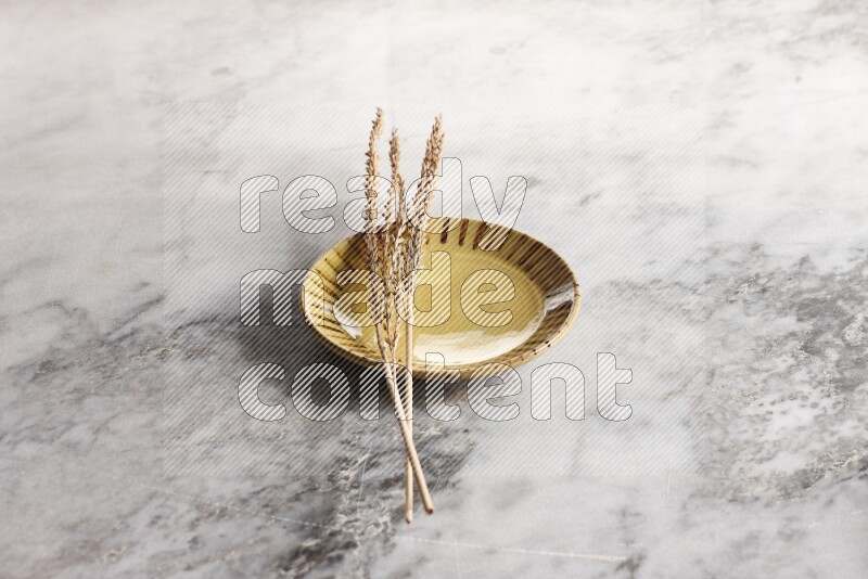 Wheat stalks on multicolored pottery plate on grey marble background