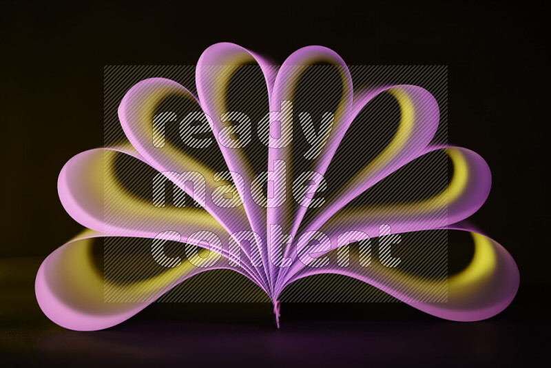An abstract art piece displaying smooth curves in yellow and pink gradients created by colored light