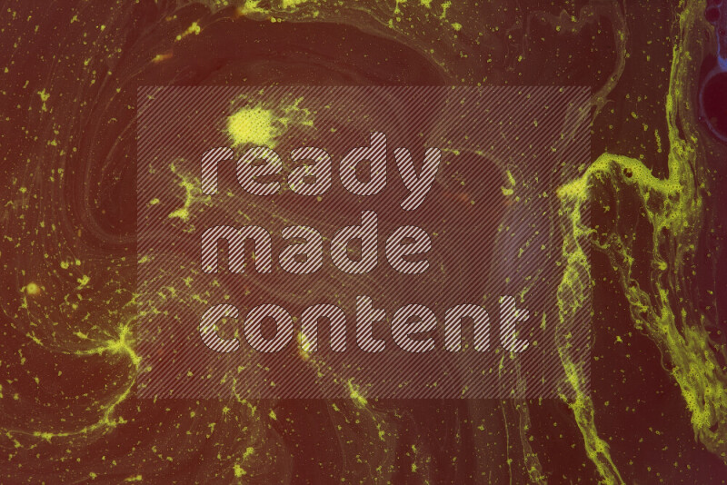 The image depicts a marbling effect with swirling patterns of red and yellow