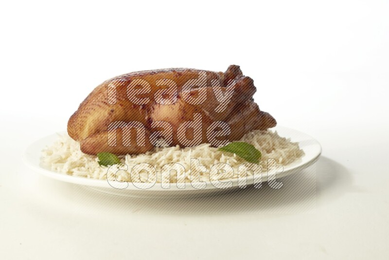 white  basmati Rice with  whole roasted chicken  on a white rounded plate direct on white background