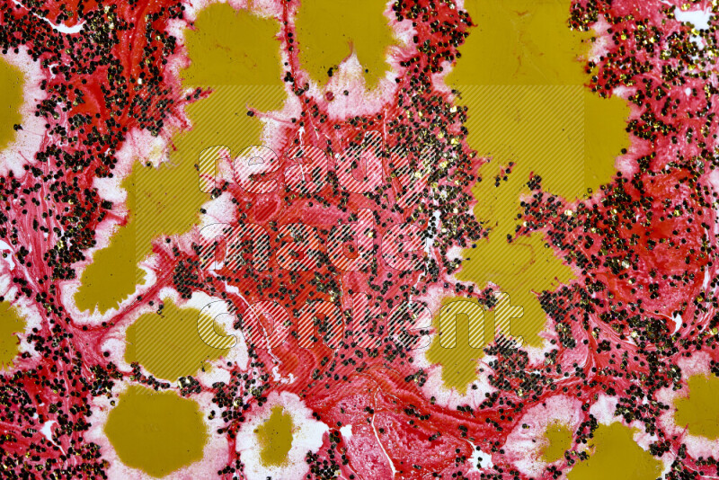 Abstract colorful background with mixed of red, white and gold paint colors with scattered gold glitter