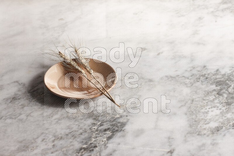 Wheat stalks on multicolored pottery plate on grey marble background